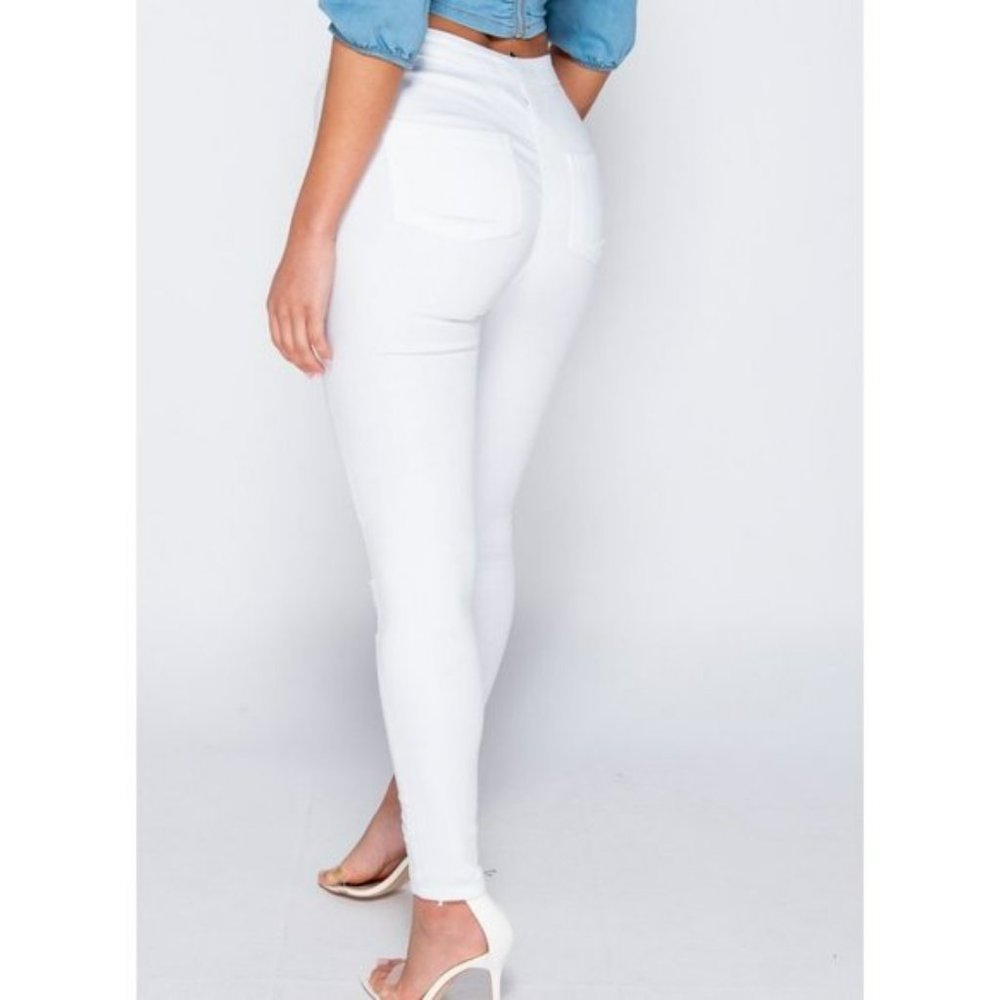 White High Waist Ripped Distressed Skinny Denim Jeggings Pants - Picture 2 of 10